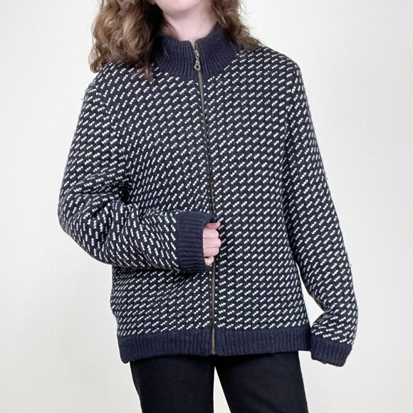 Vintage L.L. Bean Wool Knit Bomber Jacket Coat Sweater Fleece Lined Sweater 90s - Picture 2 of 10